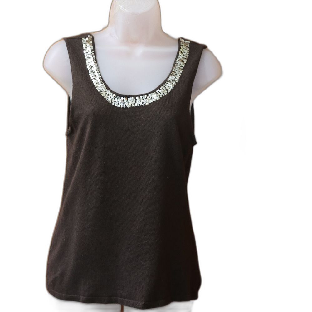 Ninety Brown Silk Blend Knit Sequin Y2K Tank Top LG